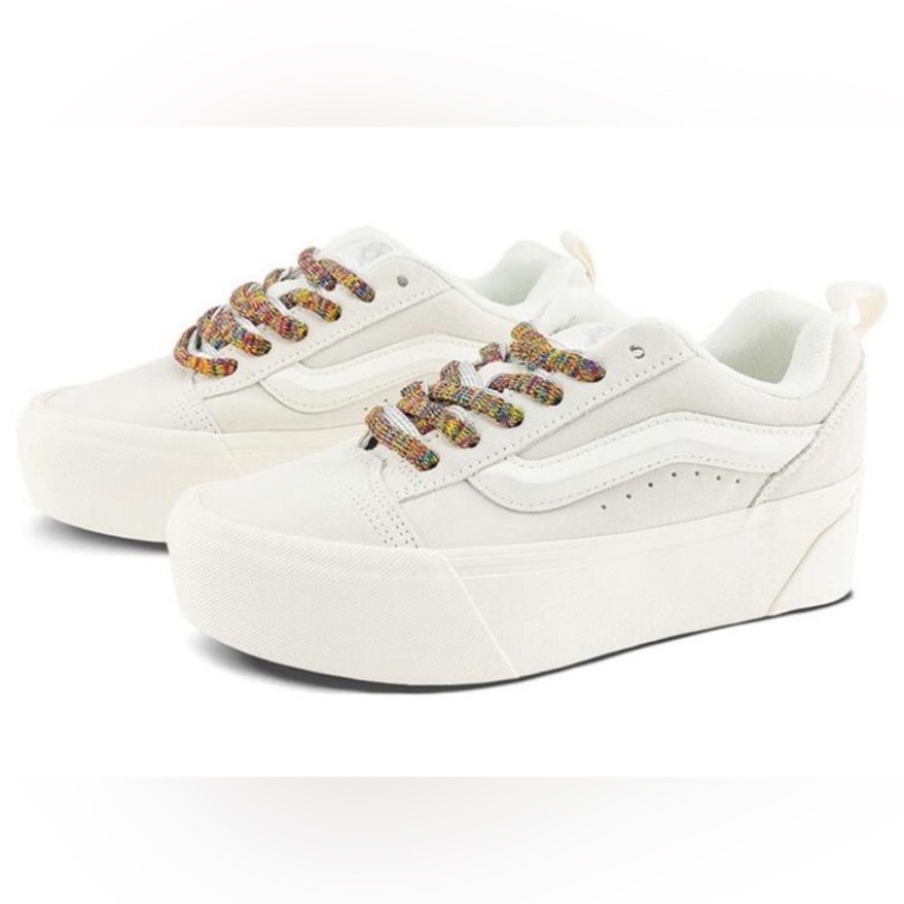 VANS Knu Stack Light Grey Suede Platform Shoes &Multicolor Laces Women 6 Men 4.5